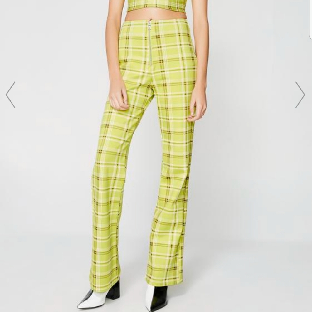 I AM GIA Women Pants Polaris Plaid Print Sunny Yellow High Waist Zip Straight XS